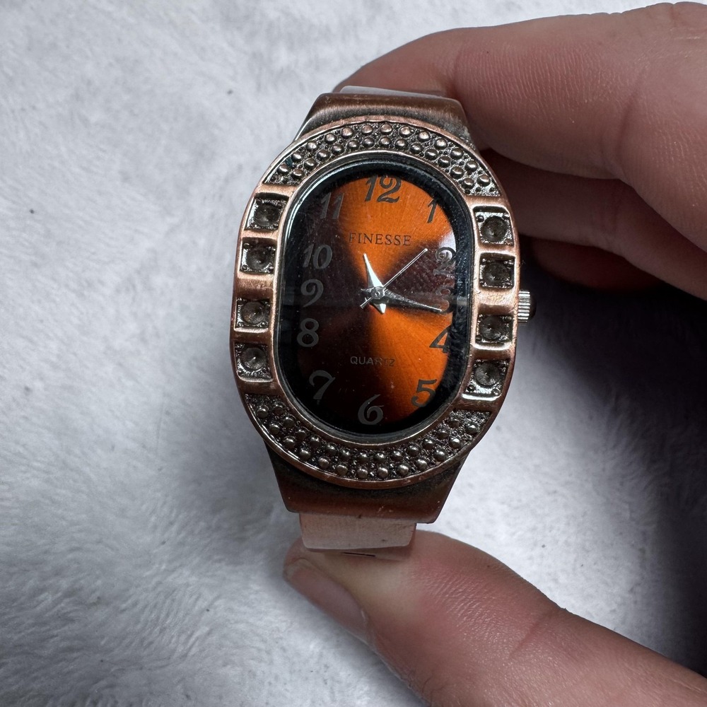 Finesse Womens Quartz Bangle Watch Rose Gold Tone Orange Dial Rhinestone Fashion